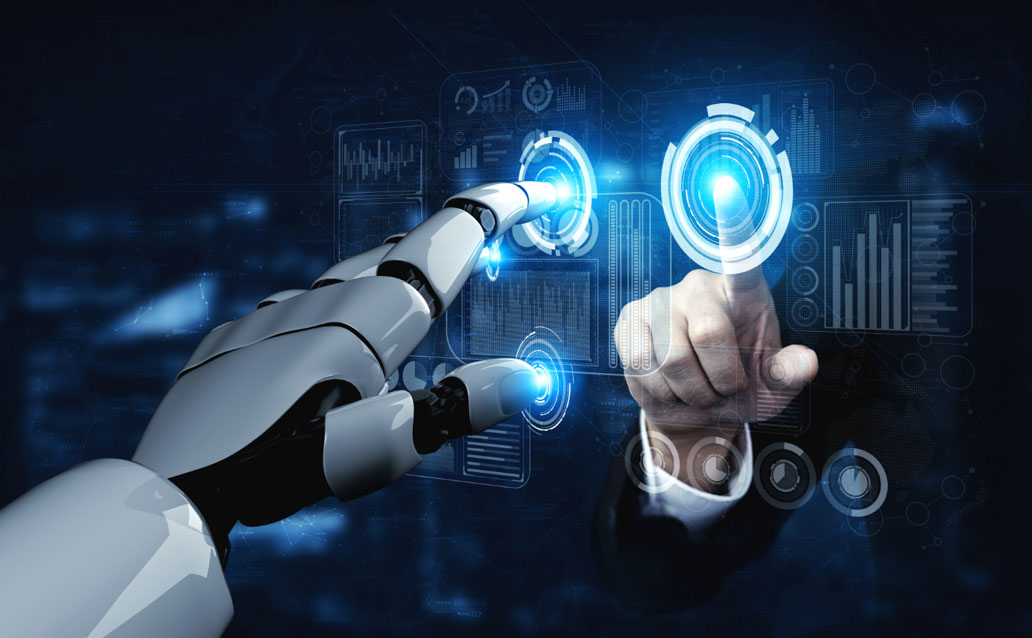 Αναπαράσταση του Artificial Intelligence (Τεχνητή Νοημοσύνη), με ρομποτικό και ανθρώπινο χέρι να αγγίζουν μια ψηφιακή οθόνη.