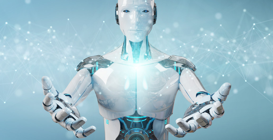 Λευκό ρομπότ απλώνει τα χέρια του, σε μια αναπαράσταση εφαρμογής της τεχνητής νοημοσύνης.